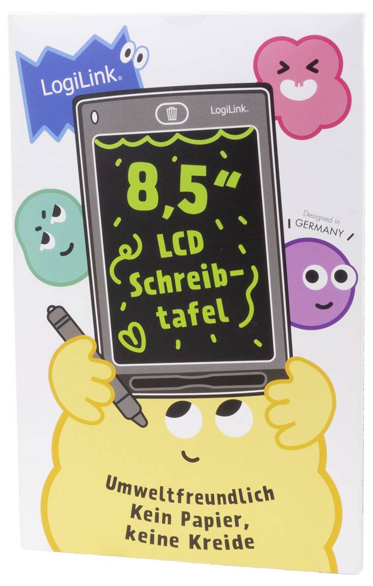 Balení pro LogiLink tablet pro psaní s LCD displejem o velikosti 8,5 palce, na kterém je zobrazen tablet a slogan 'Ekologický Bez papíru, bez křídic' s karikaturnami rukama a obličeji.