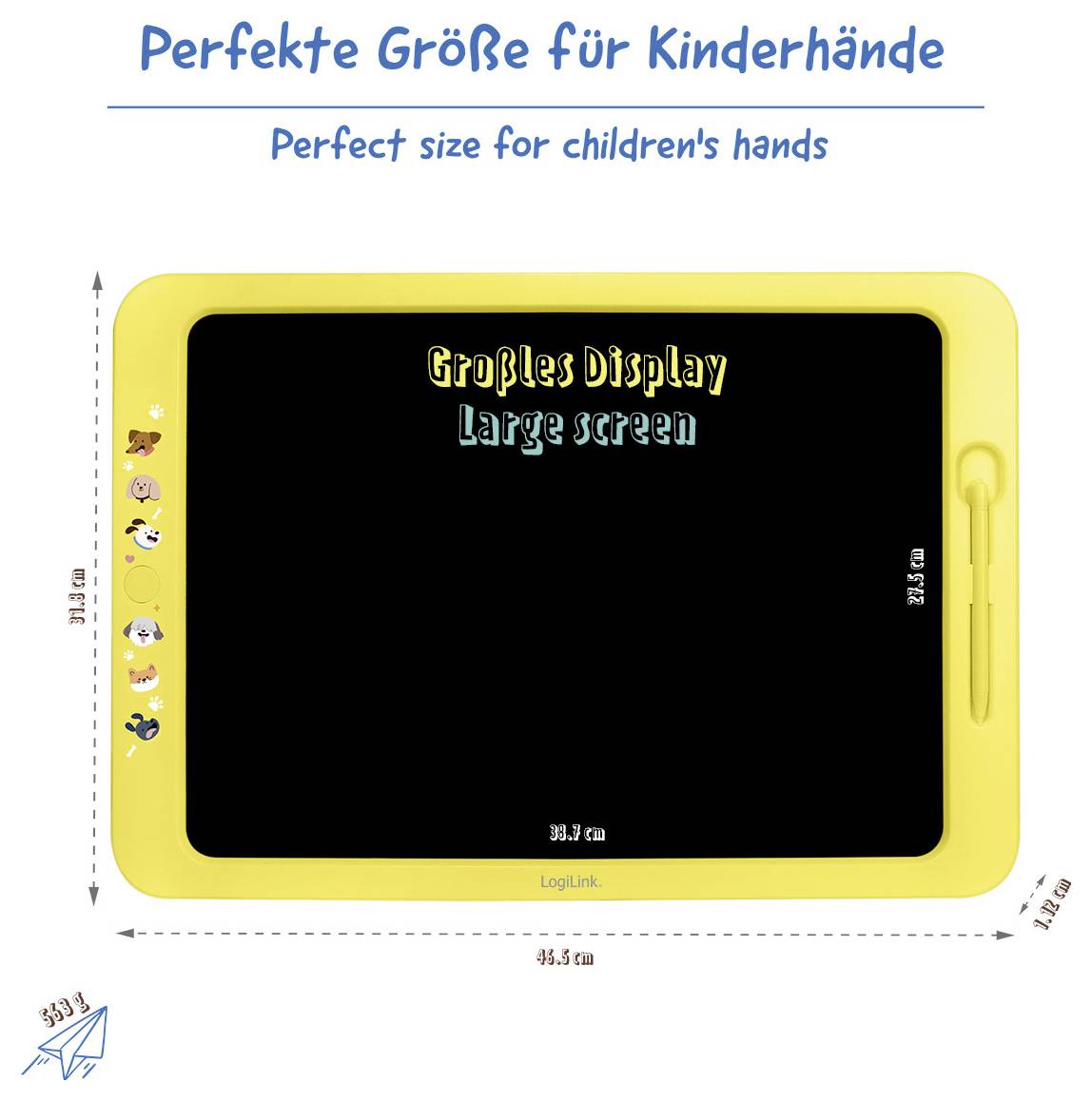 Propagační grafika žlutého dětského kreslicího tabletu označeného "Ideální velikost pro dětské ruce" a "Velká obrazovka" s uvedením jeho rozměrů.