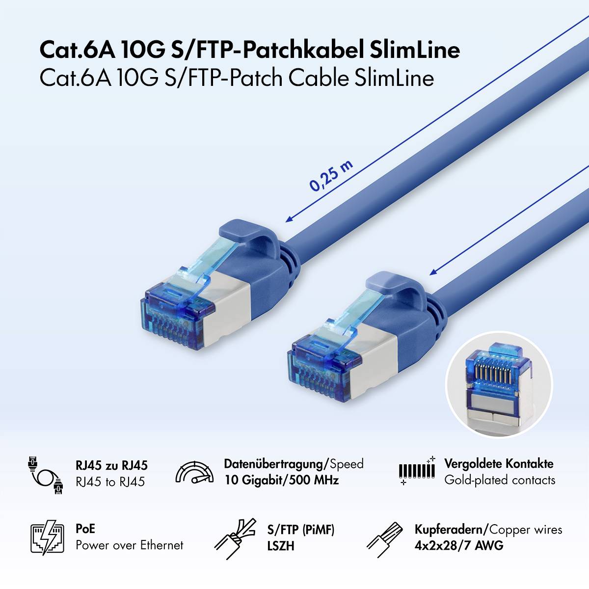 Produktový obrázek dvou modrých kabelů Cat.6A S/FTP SlimLine RJ45, označených 0,25 m, s ikonami zobrazujícími 10 Gigabit/500 MHz, PoE, pozlacené konektory a měděné vodiče.