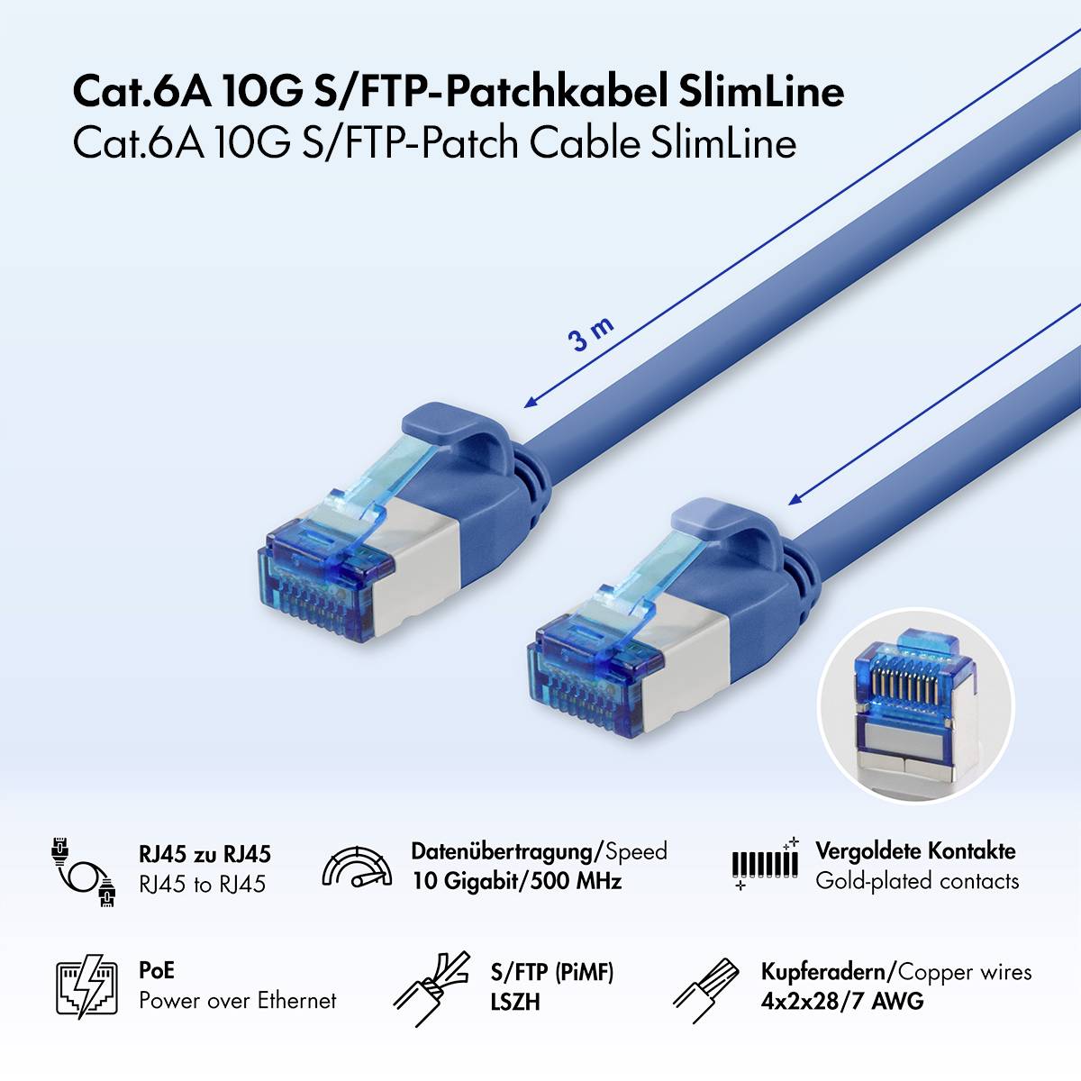 Produktový obrázek dvou modrých kabelů Cat.6A 10G S/FTP, dlouhých 3 m, s konektory RJ45 a ikony znázorňující RJ45-to-RJ45, 10 Gigabit/500 MHz, PoE, LSZH, pozlacené kontakty a měděné vodiče.