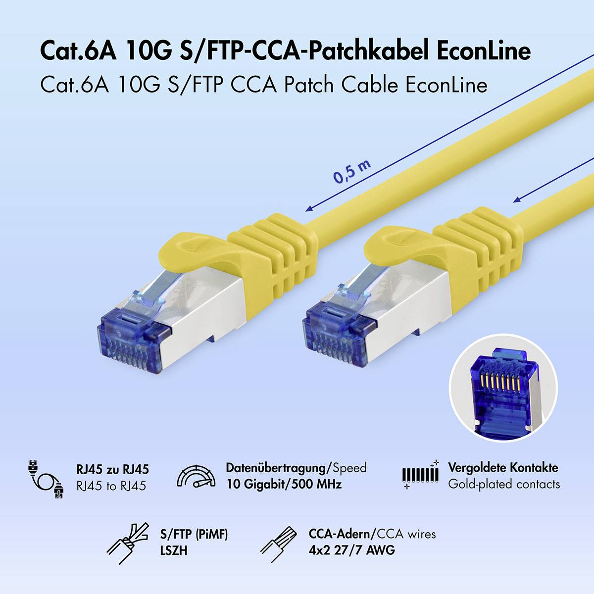 Produktový obrázek žlutého ethernetového patch kabelu Cat.6A 10G S/FTP CCA s konektory RJ45, délkou 0,5 m a ikonami pro 10 Gbit/500 MHz, pozlacené kontakty a drát CCA.