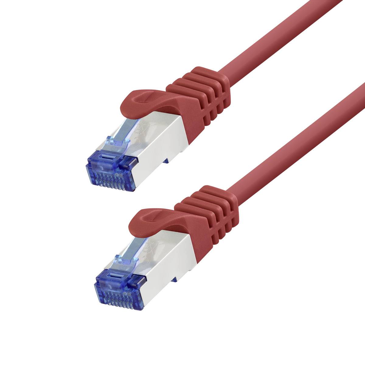 Dva červené ethernetové kabely s modrými konektory RJ45 na bílém pozadí.