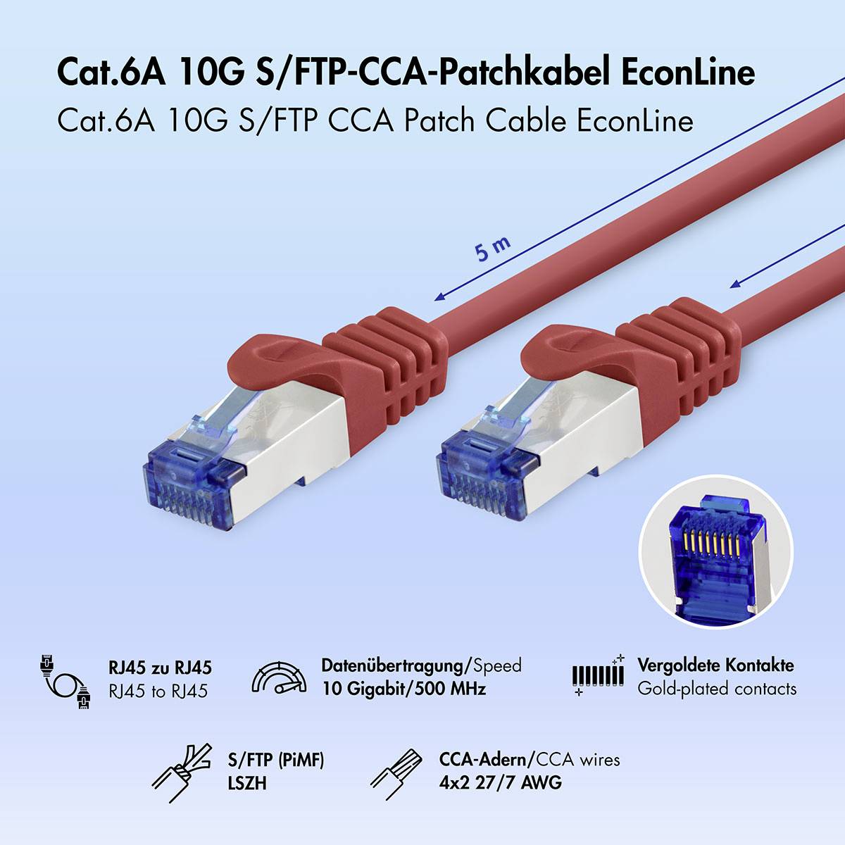 Produktový obrázek červeného kabelu Cat.6A 10G S/FTP-CCA o délce 5 m s konektory RJ45 a štítky pro 10 Gigabit/500 MHz, pozlacenými kontakty a detaily drátů CCA.