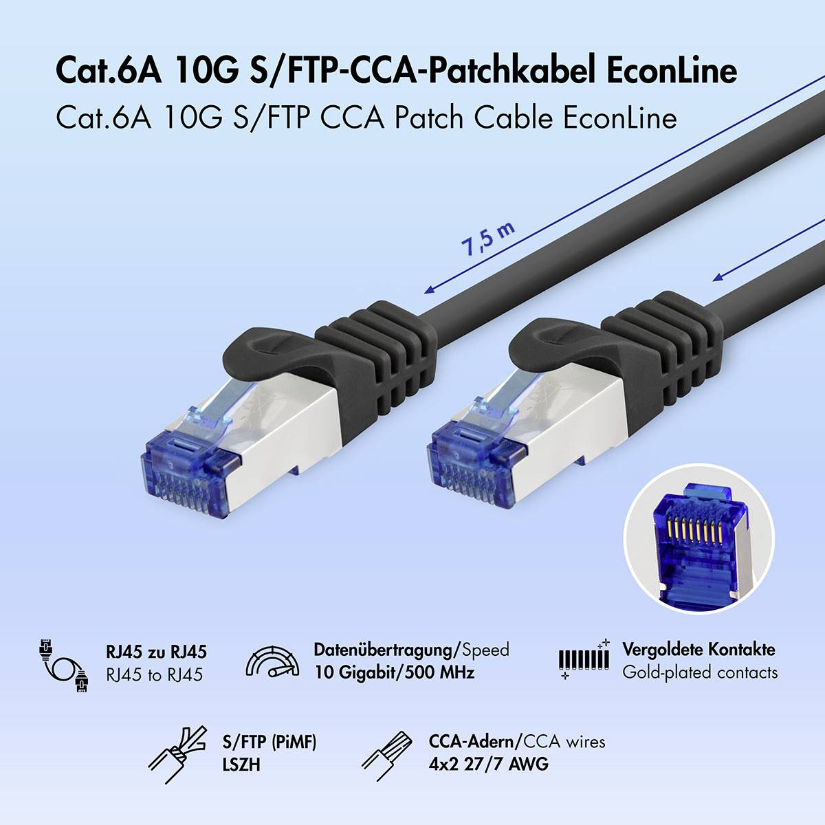 Produktový obrázek kabelu Ethernet Cat.6A 10G S/FTP CCA s délkou 7,5 m s konektory RJ45 a pozlacenými kontakty; podporuje 10 Gigabit/500 MHz.