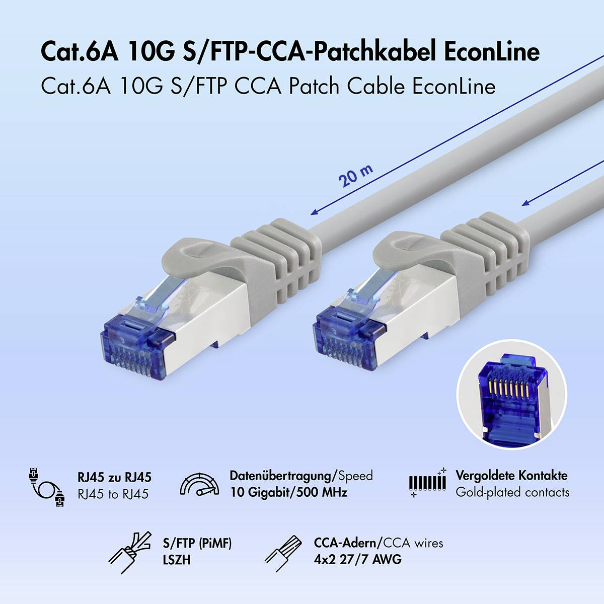 Obrázek produktu kabelu Cat.6A 10G S/FTP CCA s páskou délky 20 m, zobrazující dva konektory RJ45, ikony pro 10 Gbit/500 MHz, pozlacené kontakty a drát CCA.