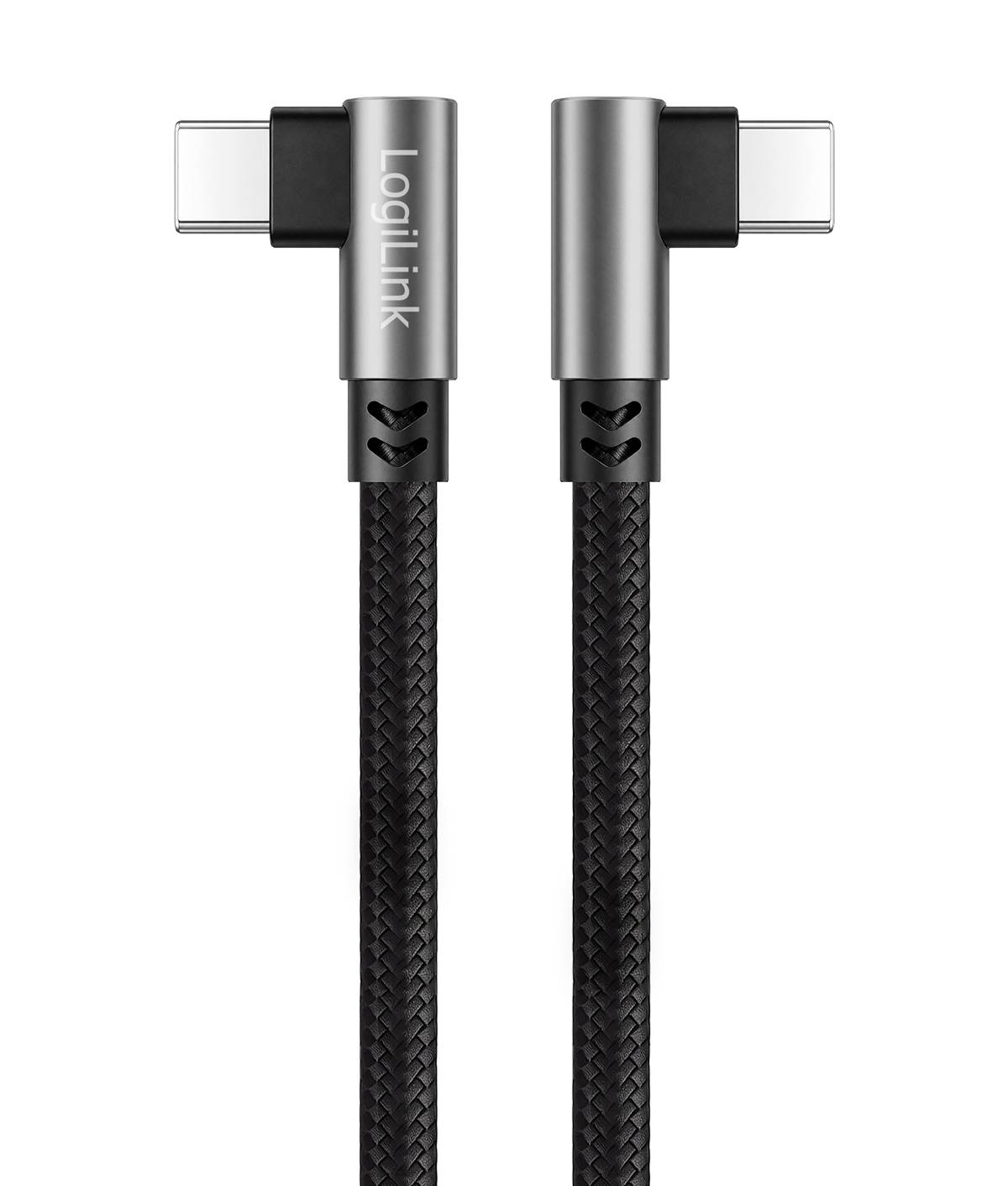 Dva pravoúhlé nabíjecí kabely USB-C s pletenci černých kordů a stříbrnočernými konektory, zobrazené vedle sebe na bílém pozadí.