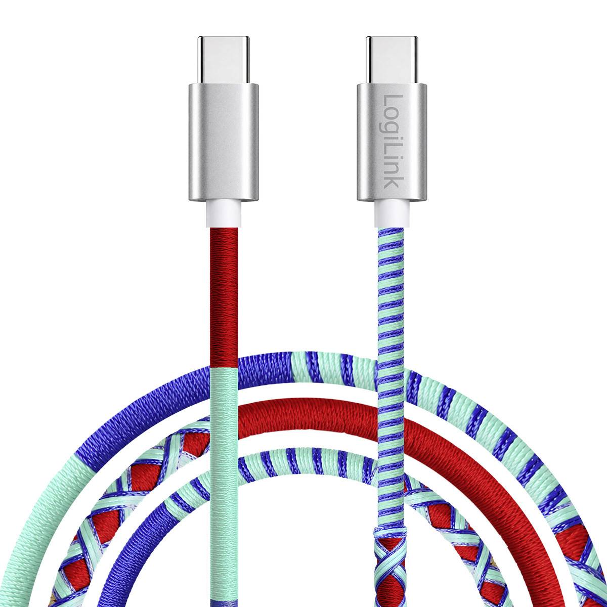 Dva splétané kabely USB-C se stříbrnými konektory, jeden červený a jeden s pruhy v mint a modré barvě, navinuté a překrývající se na bílém pozadí.