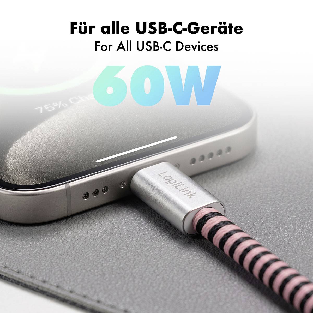 Kabel USB-C zapojený do chytrého telefonu s textem "Pro všechna zařízení USB-C" a "60W" zvýrazňující podporu rychlého nabíjení.