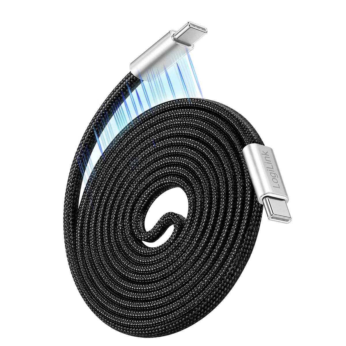 Vinutý černý pletenený kabel USB-C s osvětlenými koncovkami konektoru, zobrazený v obrázku ve stylu produktu