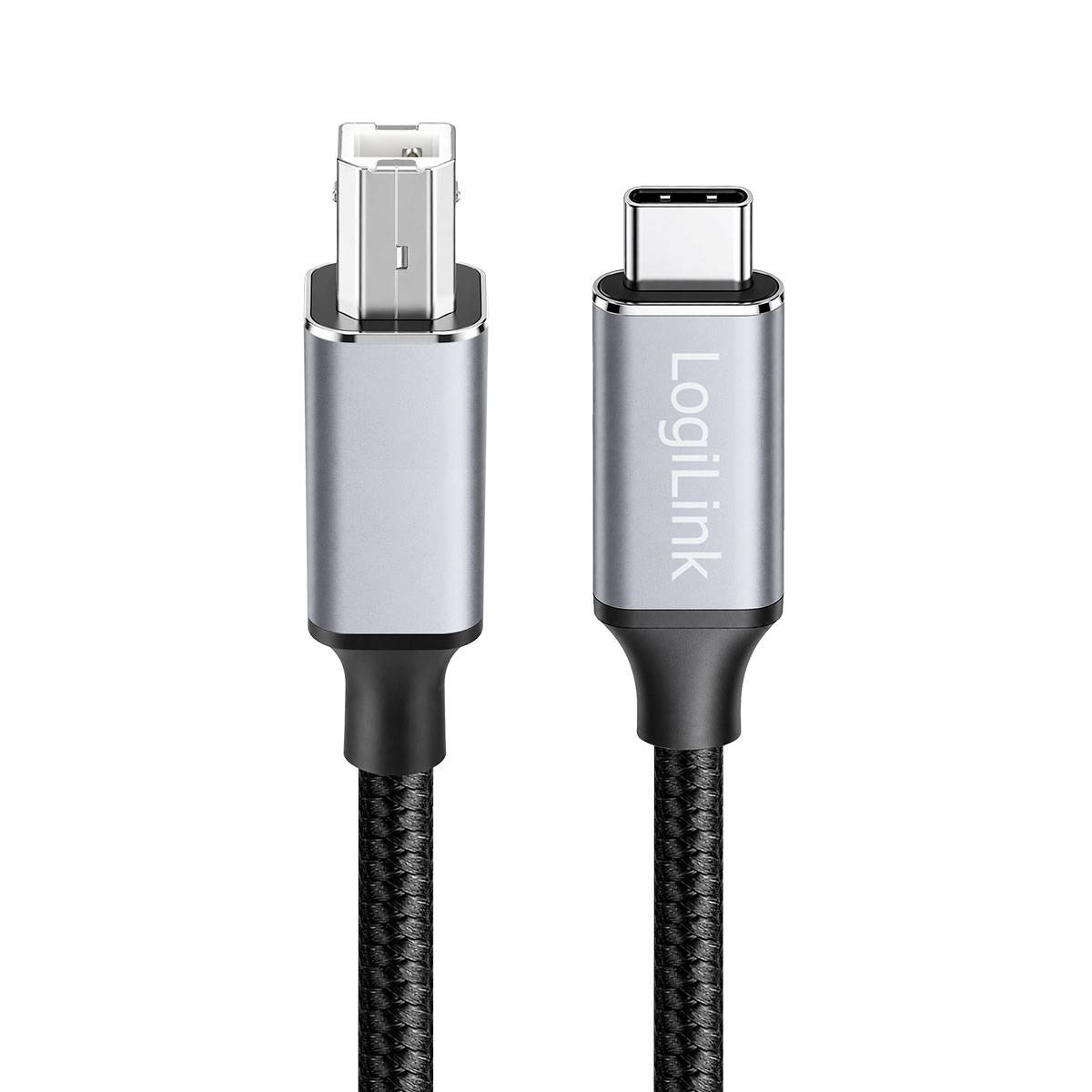 Dva stříbrné kabely LogiLink USB zobrazené vzpřímeně vedle sebe, jeden s konektorem USB-C a jeden s konektorem USB-A.