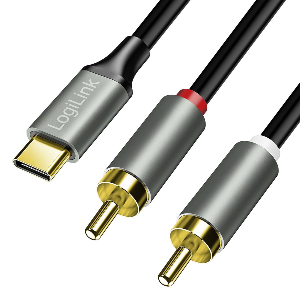 Kabel adaptéru USB-C na RCA audio se třemi konektory: konektor USB-C a červené/bílé konektory RCA.