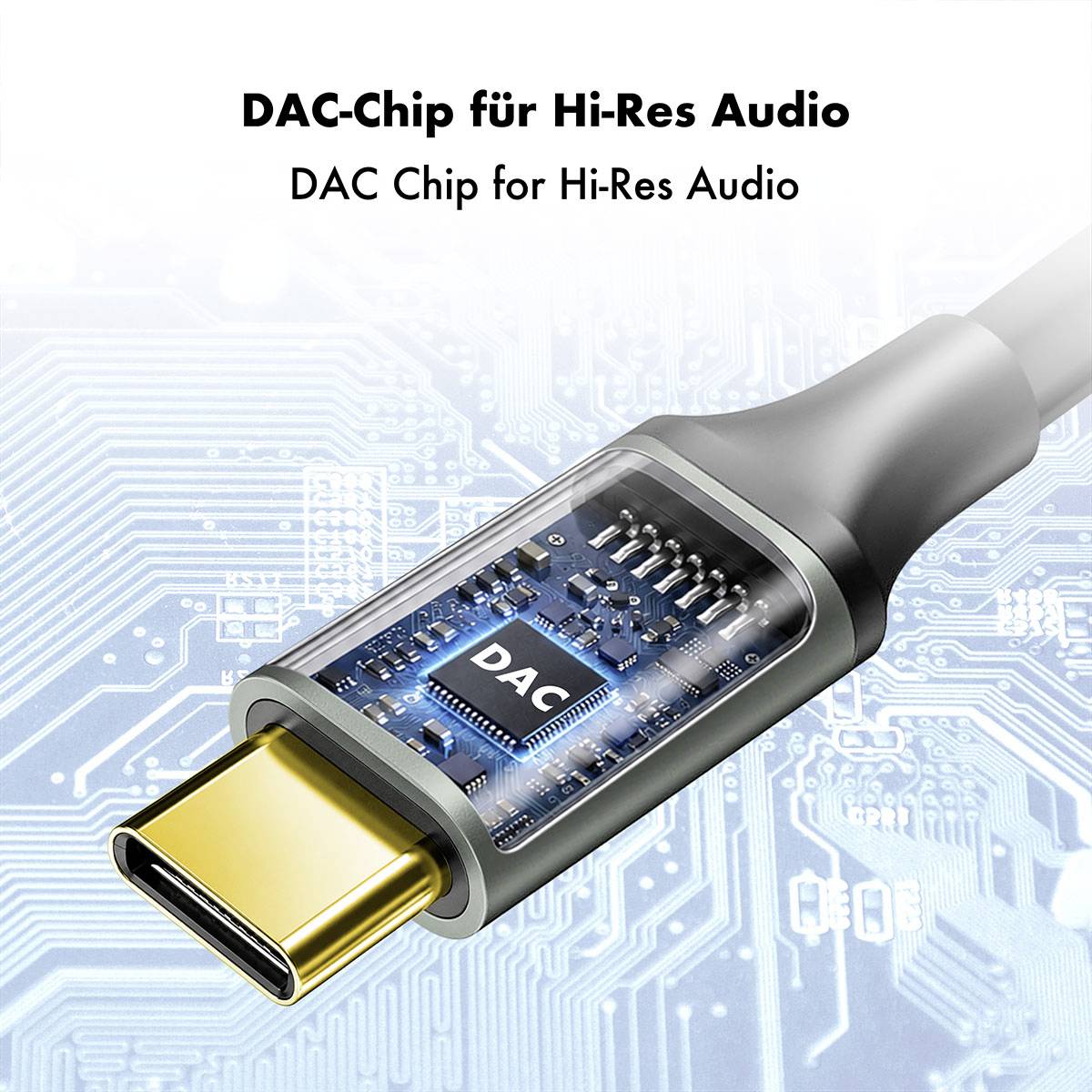 Ilustrace USB-C audio kabelu s viditelným čipem DAC, označeným "DAC-Chip für Hi-Res Audio" a "DAC Chip for Hi-Res Audio".