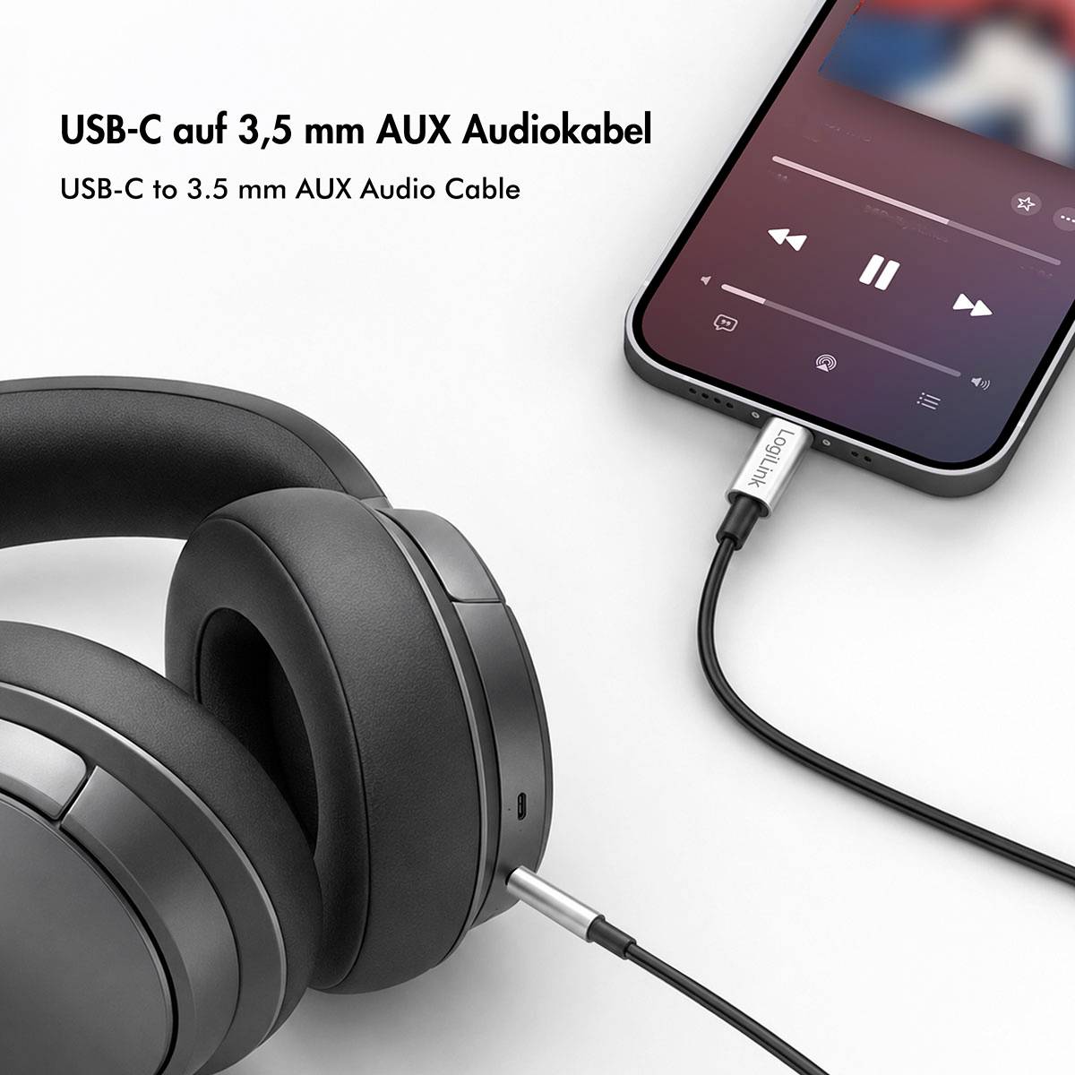 USB-C kabel na 3,5 mm AUX audio konektor pro připojení chytrého telefonu k náušnicovým sluchátkům, s textem v obraze popisujícím produkt v německém a anglickém jazyce.
