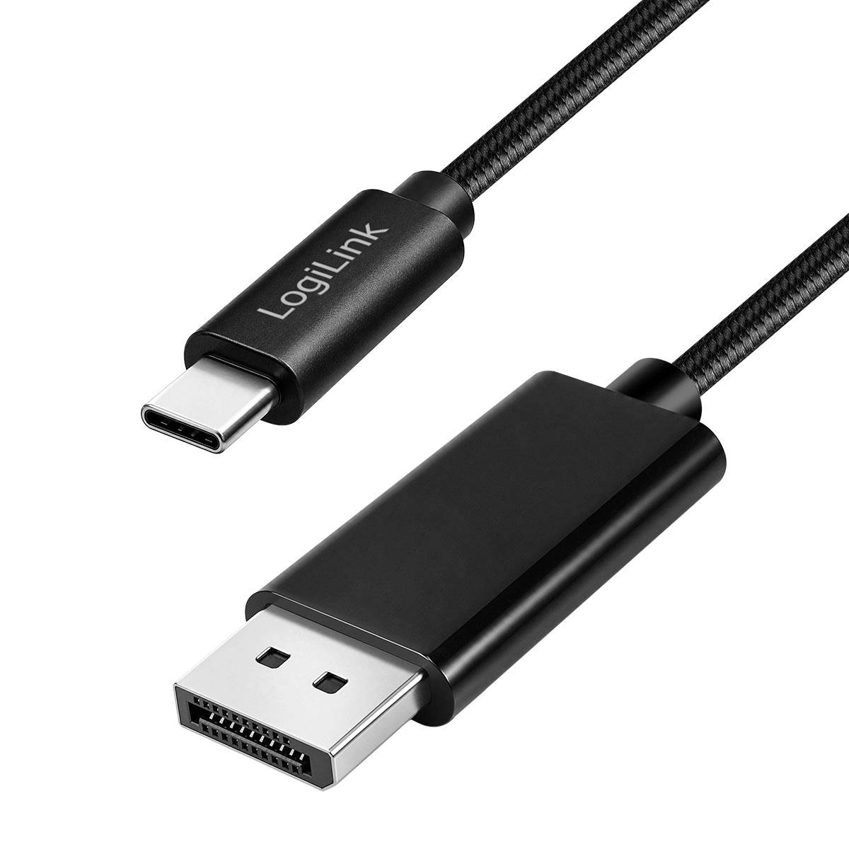 Kabel USB-C na DisplayPort s černými pletencovými konektory; jeden konec je USB-C označený "LogiLink" a druhý je DisplayPort.