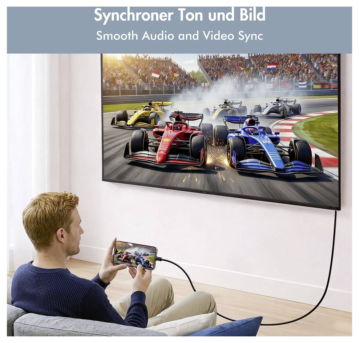 Osoba hraje závodnickou hru na telefonu připojeném k televizi, který zobrazuje synchronizovaný zvuk a obraz s německým názvem "Synchroner Ton und Bild" a anglickým podtitulem "Smooth Audio and Video Sync".