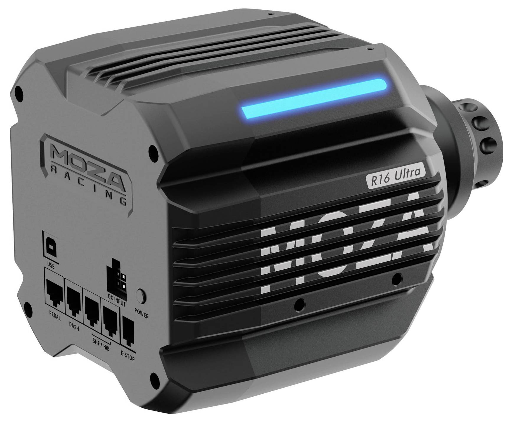 MOZA Racing R16 Ultra přímopohonná základna volantu s modrým LED osvětlením a předními porty na šedočerném krytu.