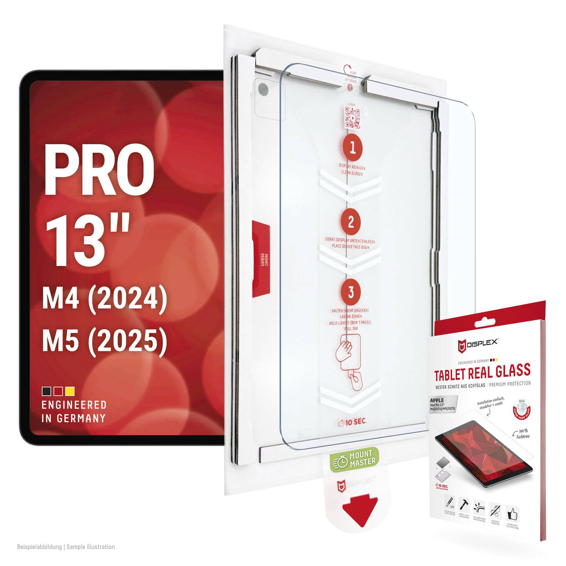 Propagační obrázek ochranného skla na displej pro iPad Pro 13 palců M4 (2024) a M5 (2025), zobrazený s instalačním balením a mockupem tabletu.