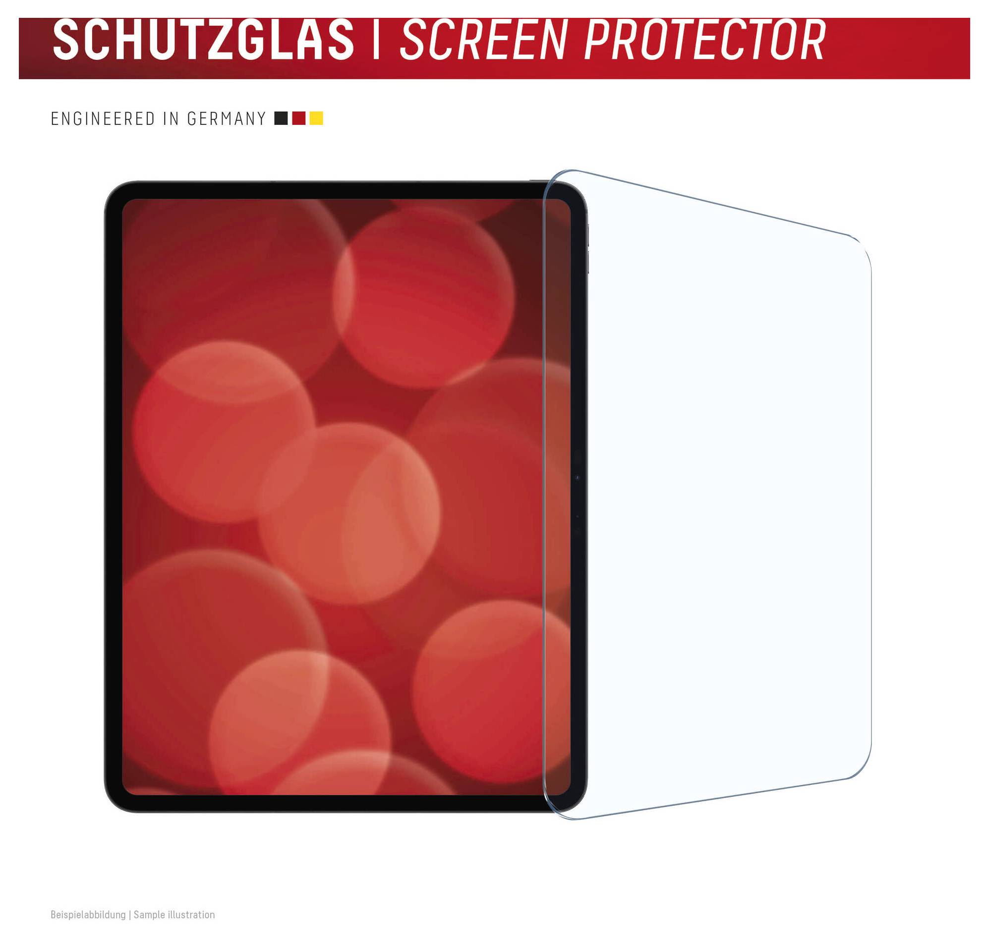 Ochranné sklo na tablet s textem „SCHUTZGLAS | SCREEN PROTECTOR" a nápisem „ENGINEERED IN GERMANY", znázorňující tablet a průhledný ochranný list skla.