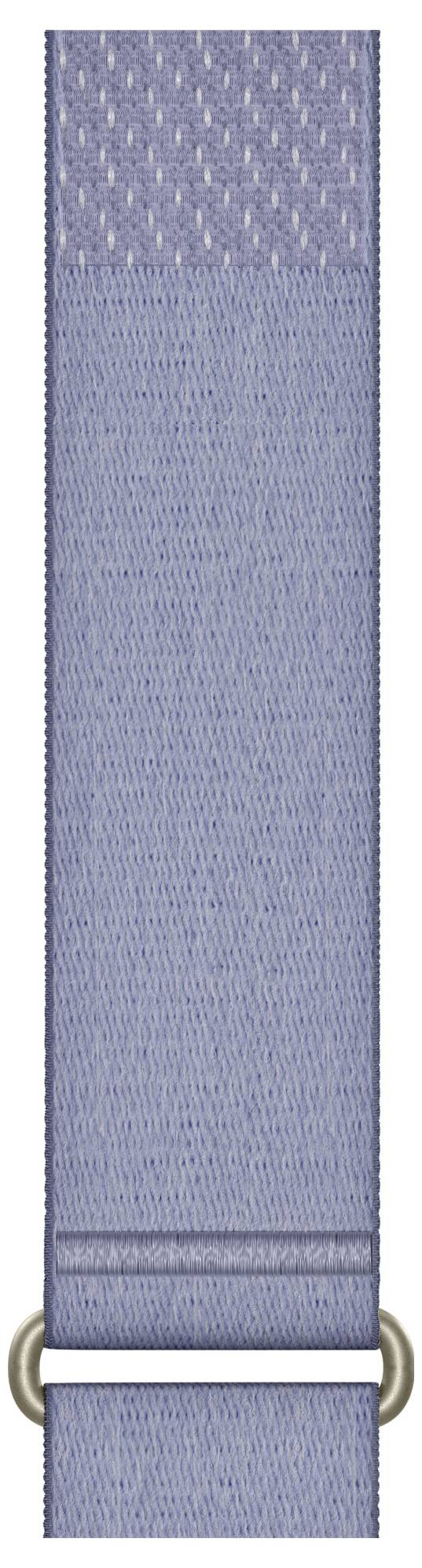 Modrý tkaný látkový popruh s kovovou kruhovou přezkou v dolní části, zobrazený vertikálně na bílém pozadí.
