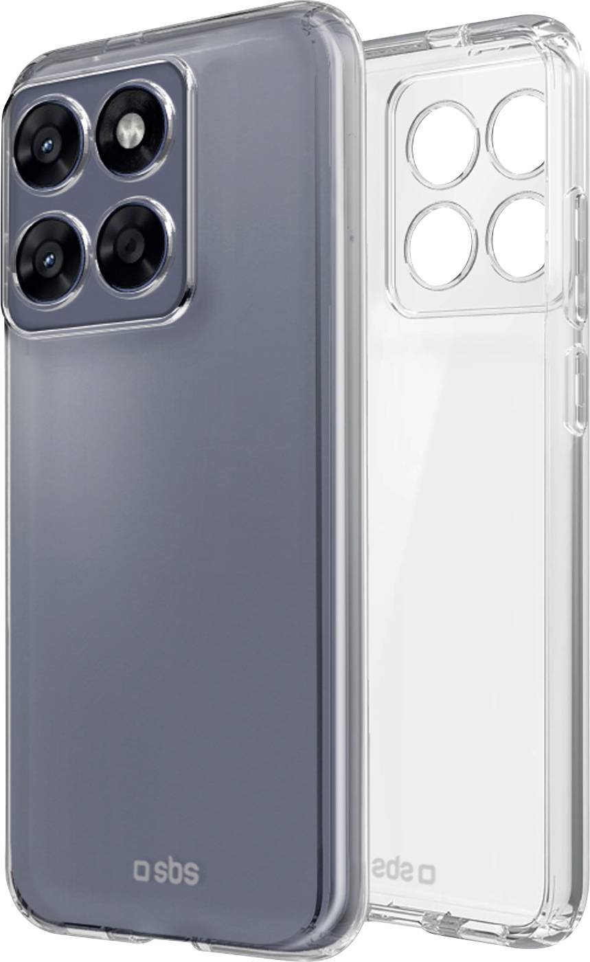 Dva průhledné pouzdra na telefon zobrazená zepředu a zezadu, jedno se šedým nádechem a jedno čiré, se čtvercovými výřezy pro čtyři fotoaparáty a značkou SBS.