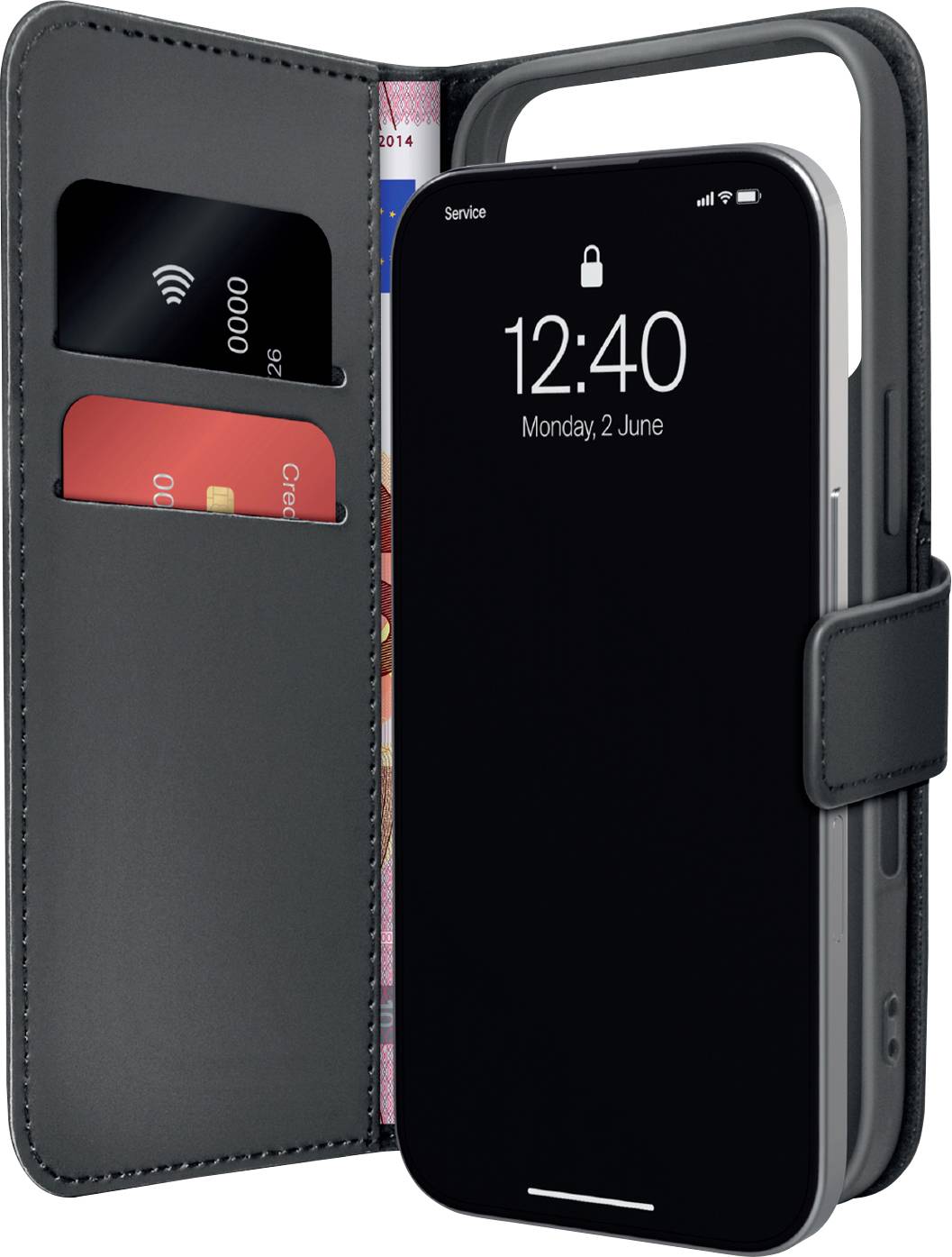 Černé pouzdro na telefon ve stylu peněženky s přední krytkou, sloty na karty a chytrý telefon zobrazující čas 12:40 na zamykací obrazovce.