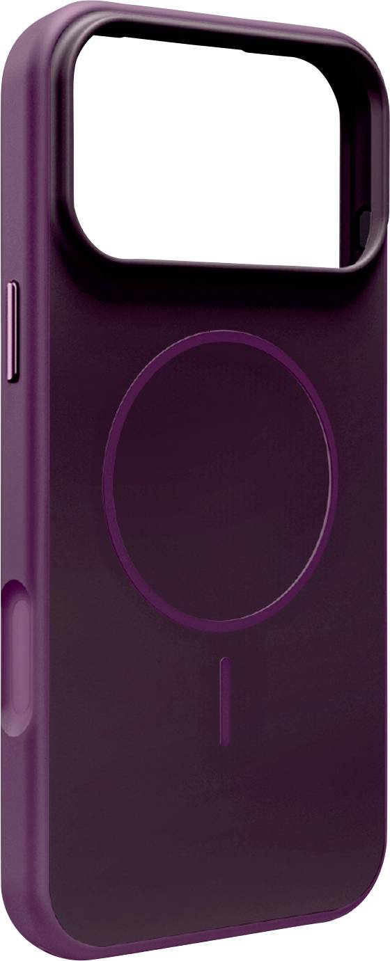 Fialové pouzdro na chytrý telefon s velkým obdélníkovým výřezem pro fotoaparát a kruhový nabíjecí kroužek ve stylu MagSafe na zadní straně.