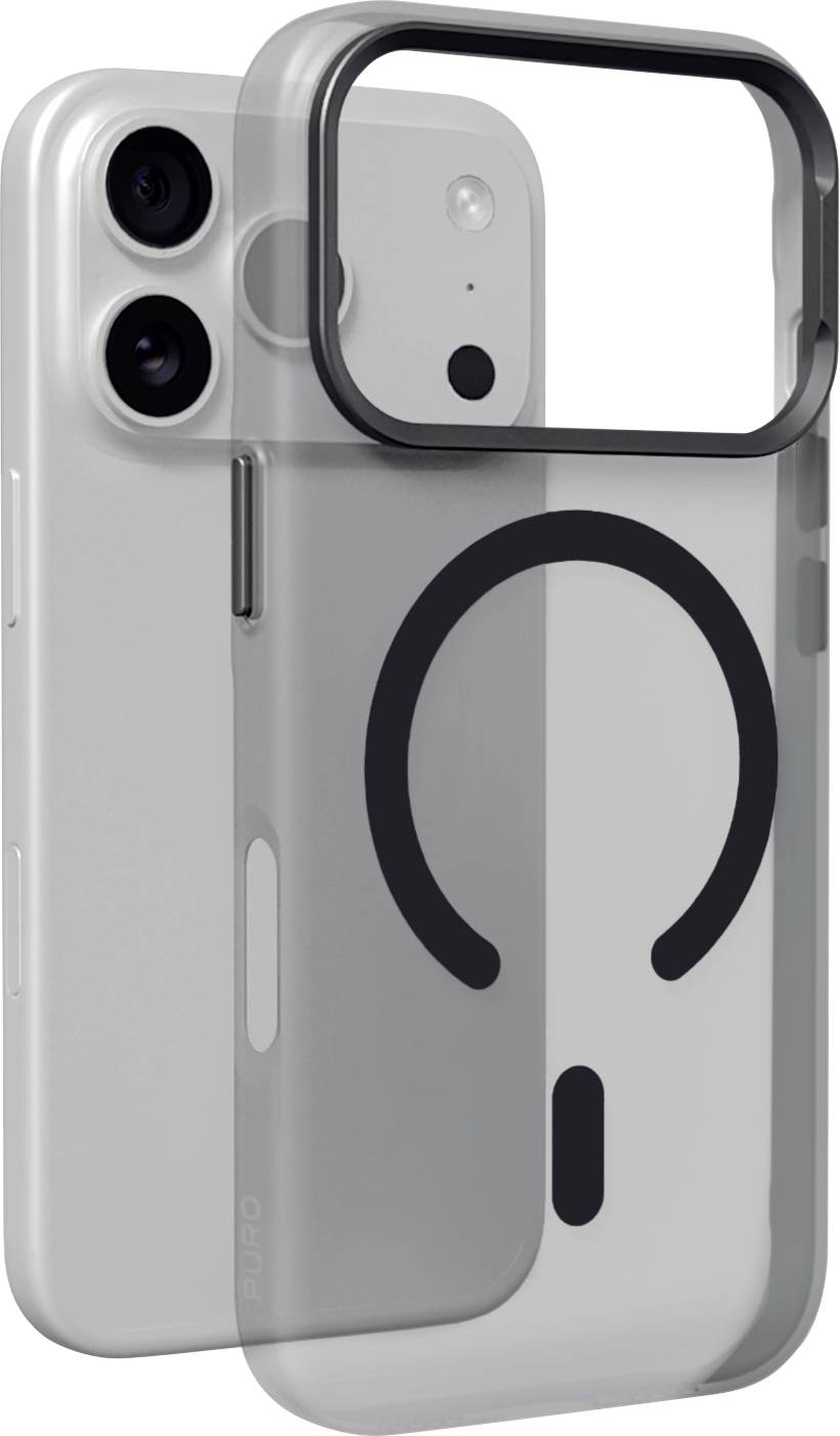 Průhledné pouzdro na iPhone s černým prstencem MagSafe a zvýšeným rámcem fotoaparátu, zobrazené na telefonu v pohledu ve stylu produktu.
