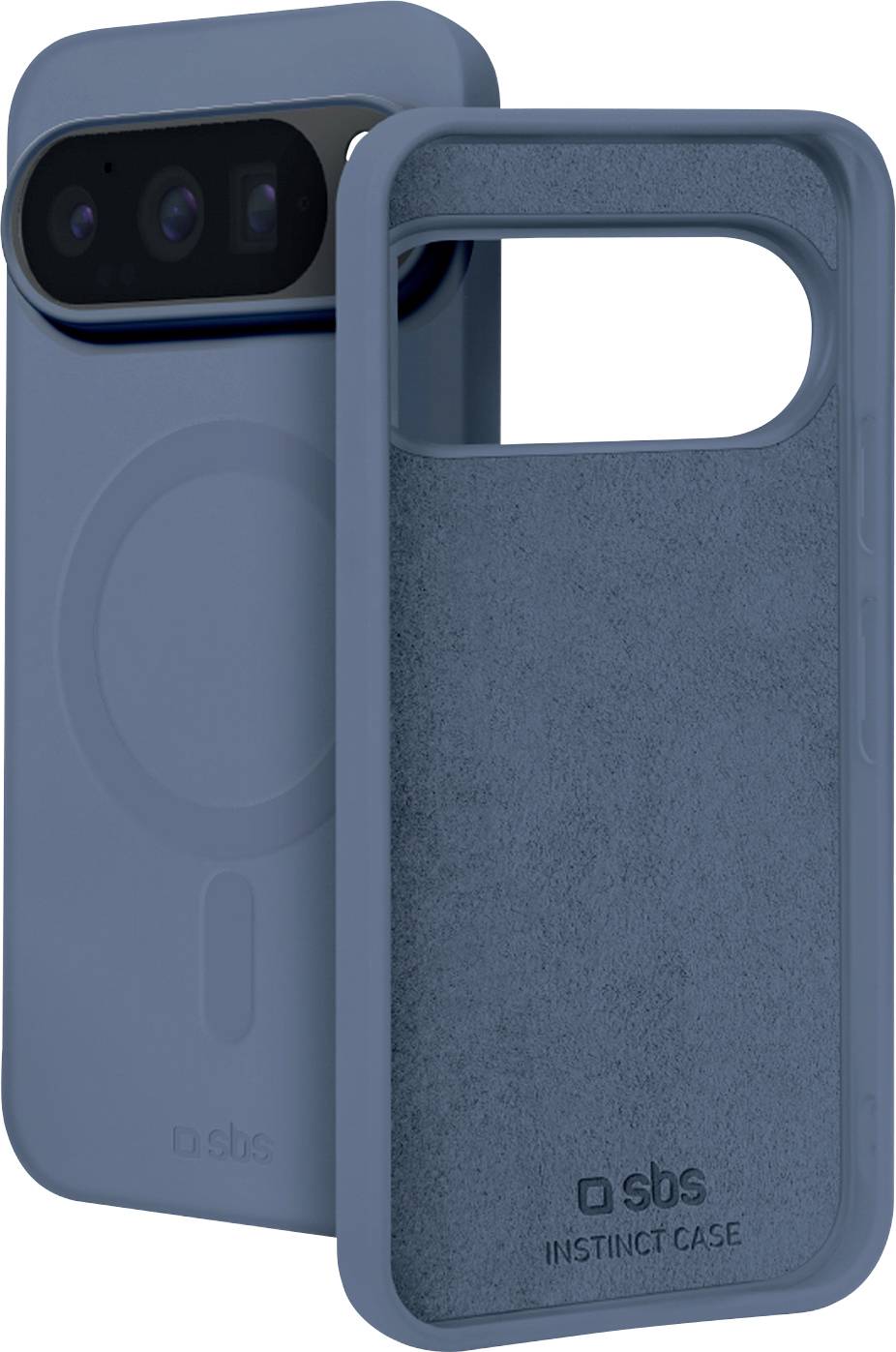 Modrý kryt na smartphone zobrazený zepředu a zezadu s velkým výřezem na fotoaparát a značkou „sbs Instinct Case".