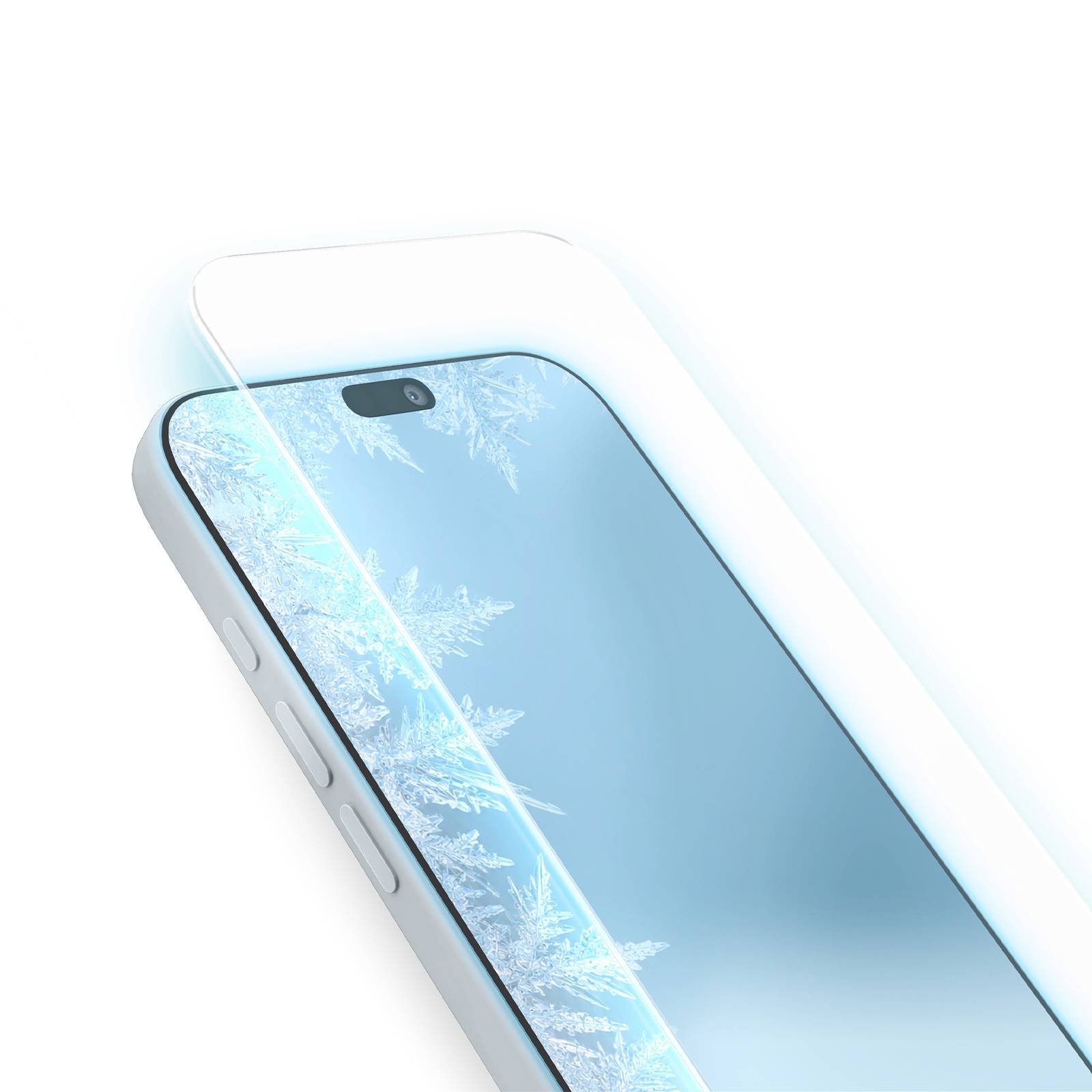 Smartphone se zářícím modrým matným displejem a průhledným ochranným pouzdrem, zobrazený v úhlu na bílém pozadí.