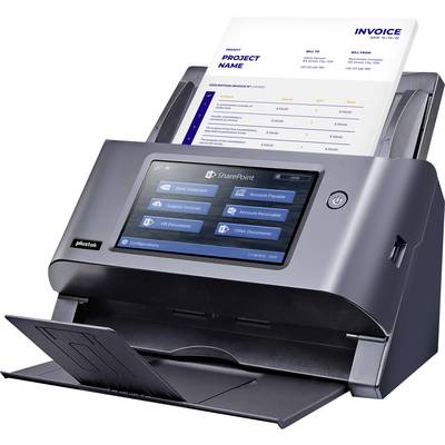 Desktopový skener dokumentů se dotykovou obrazovkou zobrazující možnosti skenování na SharePointu, aktivně zavádějící fakturu do výstupní podavače.