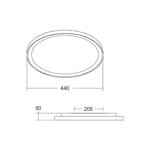Technický nákres oválného prstence nebo ráfku se zobrazeními shora a z boku s rozměry 440 mm šířka, 205 mm délka a 50 mm výška.