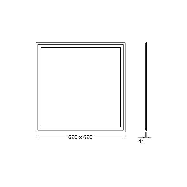 Čtvercový rámový diagram znázorňující pohled zepředu a ze strany, označený 620 x 620 a 11, udávající celkové rozměry a tloušťku.
