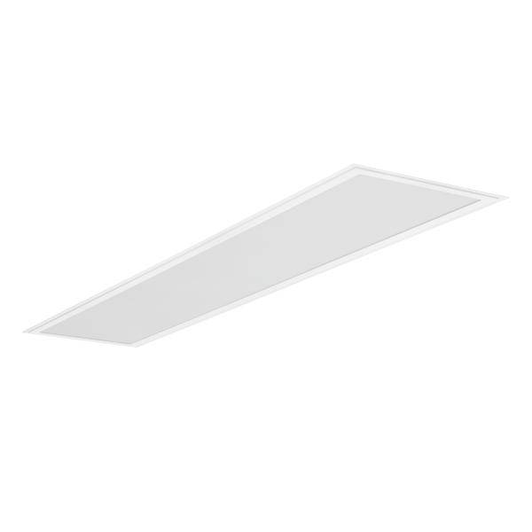 Tenký obdélníkový bílý stropní světelný panel na jednoduchém bílém pozadí.
