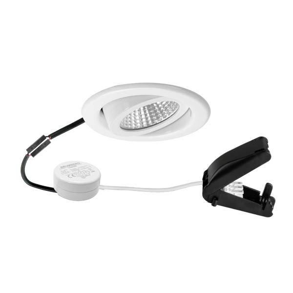 Bílé zapuštěné LED osvětlení s integrovaným ovladačem a pružinovou sponou, zobrazené jako kroužek opravy, světelný modul a montážní hardware.