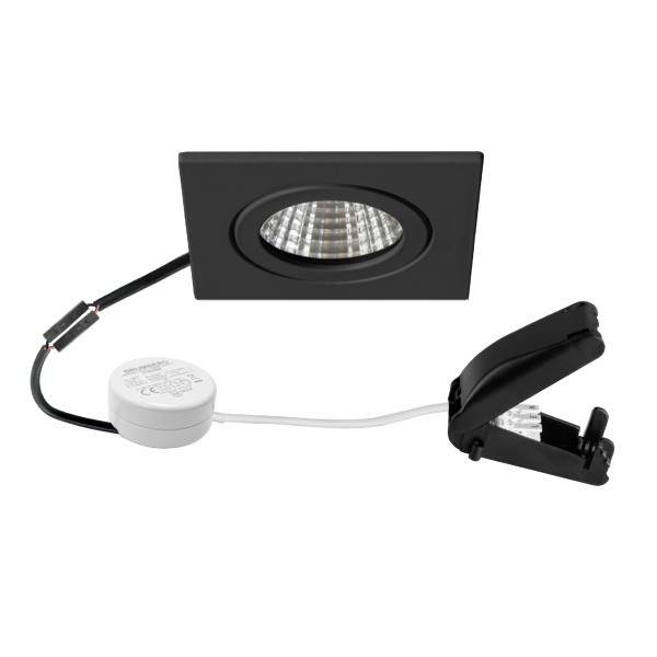Černý čtvercový zapuštěný LED downlight s integrovaným ovladačem a pružinovým klipem pro upevnění