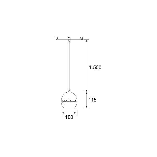 Technický nákres zavěšeného sférického objektu: šířka 100 mm, zavěšeno 1 500 mm pod stropním upevněním, koule vysoká 115 mm.