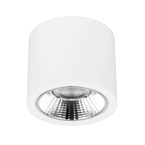 Bílé válcové stropní bodové svítidlo s reflexním zapuštěným otvorem lampy, zobrazené na prostém bílém pozadí.