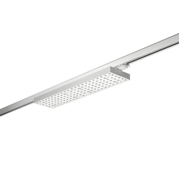 Minimalistické, do stropu montované obdélníkové stropní svítidlo s děrovanou bílou spodní stranou na bílém pozadí.