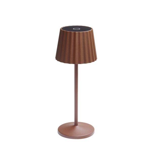 Hnědá bezdrátová stolní lampa se svlačitým stínítkem a kulatou základnou na bílém pozadí