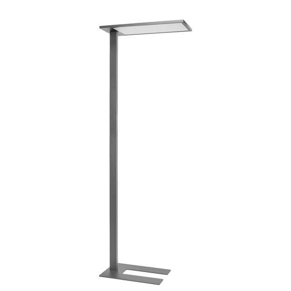 Moderní šedá stojací lampa s úzkým obdélníkovým podstavcem a plochým, vodorovným světelným difuzorem na vysoké svislé tyči.