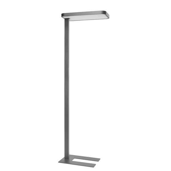 Minimalistická šedá LED stojací lampa s úzkým vertikálním sloupkem a plochým obdélníkovým svítidlem na U-tvaru podstavy, zobrazená na bílém pozadí