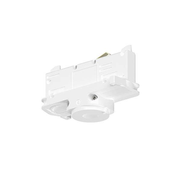 Bílý adaptér konektoru pro kolejnicové osvětlení stropu zobrazený na neutrálním bílém pozadí.
