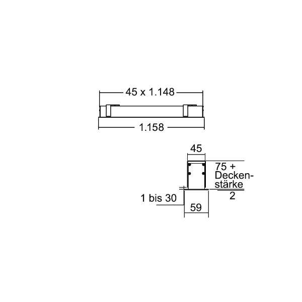 Technický rozměrový nákres obdélníkové součásti zobrazující šířku 1,158 a 45 x 1,148, s rozměry sekce 45, 59, 1 až 30 a tloušťkou stropu 75+2.