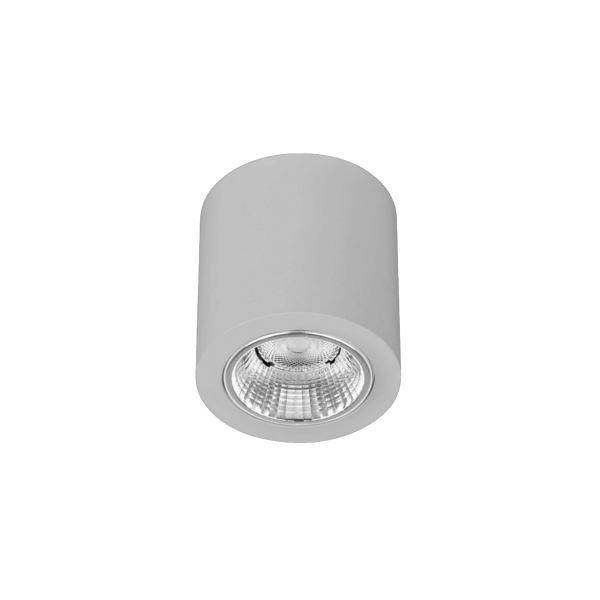 Šedý válcový stropní reflektor s zapuštěným kulatým otvorem pro lampu, zobrazený na bílém pozadí.