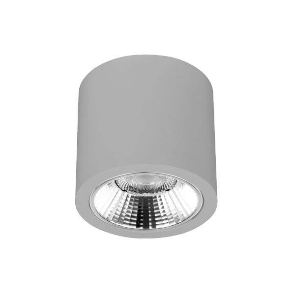Šedý válcovitý zapuštěný stropní reflektor s reflexní otevřením lampy, zobrazený na bílém pozadí.