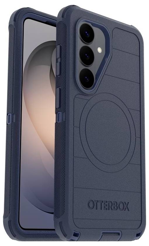 Modrý obal na telefon OtterBox zobrazený na chytrém telefonu s strukturovaným chráničem zad a kruhov výřezem ve stylu MagSafe.