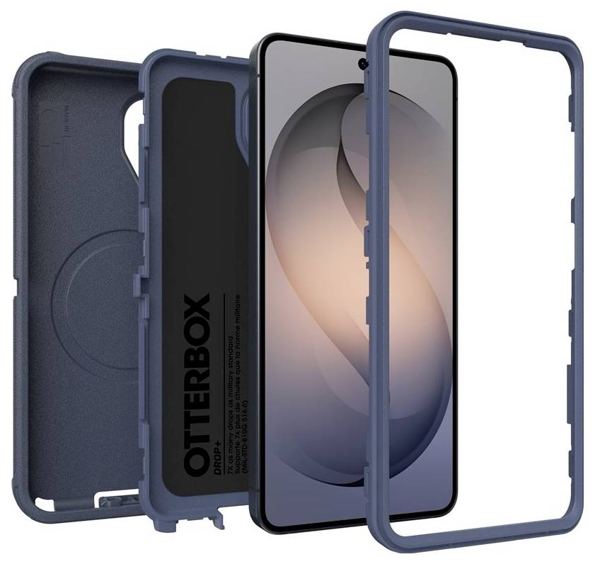 Rozložený pohled na modrý ochranný kryt OtterBox pro telefon, který ukazuje přední rám, zadní kryt a vnitřní skořápku kolem displeje smartphonu.