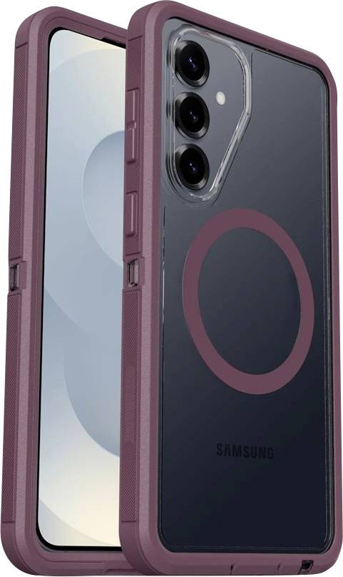 Bordó pouzdro na smartphone Samsung s integrovaným stojanem se kroužkem, zobrazeno na telefonu zepředu a zezadu.