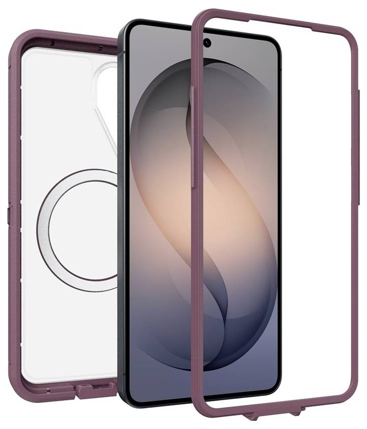 Tři pouzdra na chytrý telefon v bordó a čiré barvě, zobrazena zepředu a zezadu, s jedním telefonem uvnitř pouzdra s černým rámem.