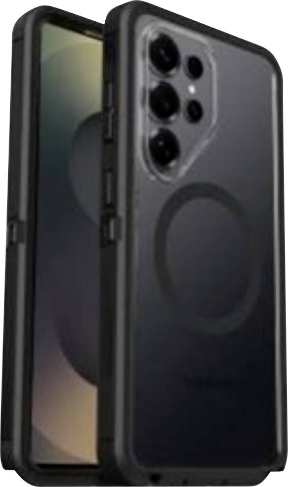 Černý smartphone zobrazený zepředu a zezadu, se třemi zadními kamerami a velkou kruhovou magnetickou oblastí nabíjení na zadní straně.